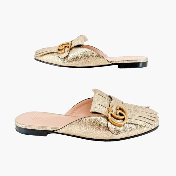 Gucci Marmont GG Fringe Flat Mule EU 38.5 US 8.5 Metallic Gold Kiltie Slip On - Picture 8 of 11